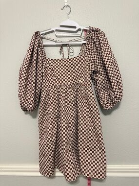 Abercrombie & Fitch Cream and Brown Checkered Puff-Sleeve Romper size Small